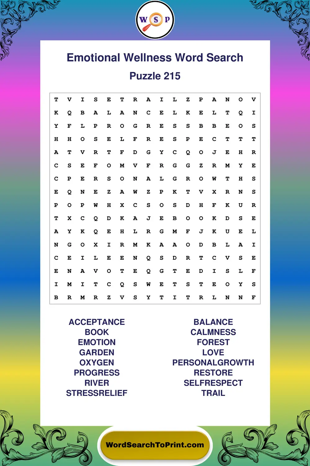 Emotional Wellness Word Search Puzzle 215