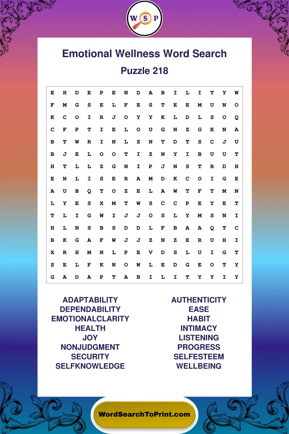 Emotional Wellness Word Search Puzzle 218