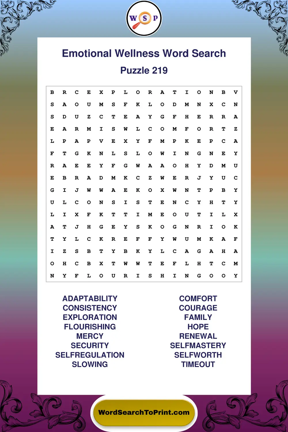 Emotional Wellness Word Search Puzzle 219
