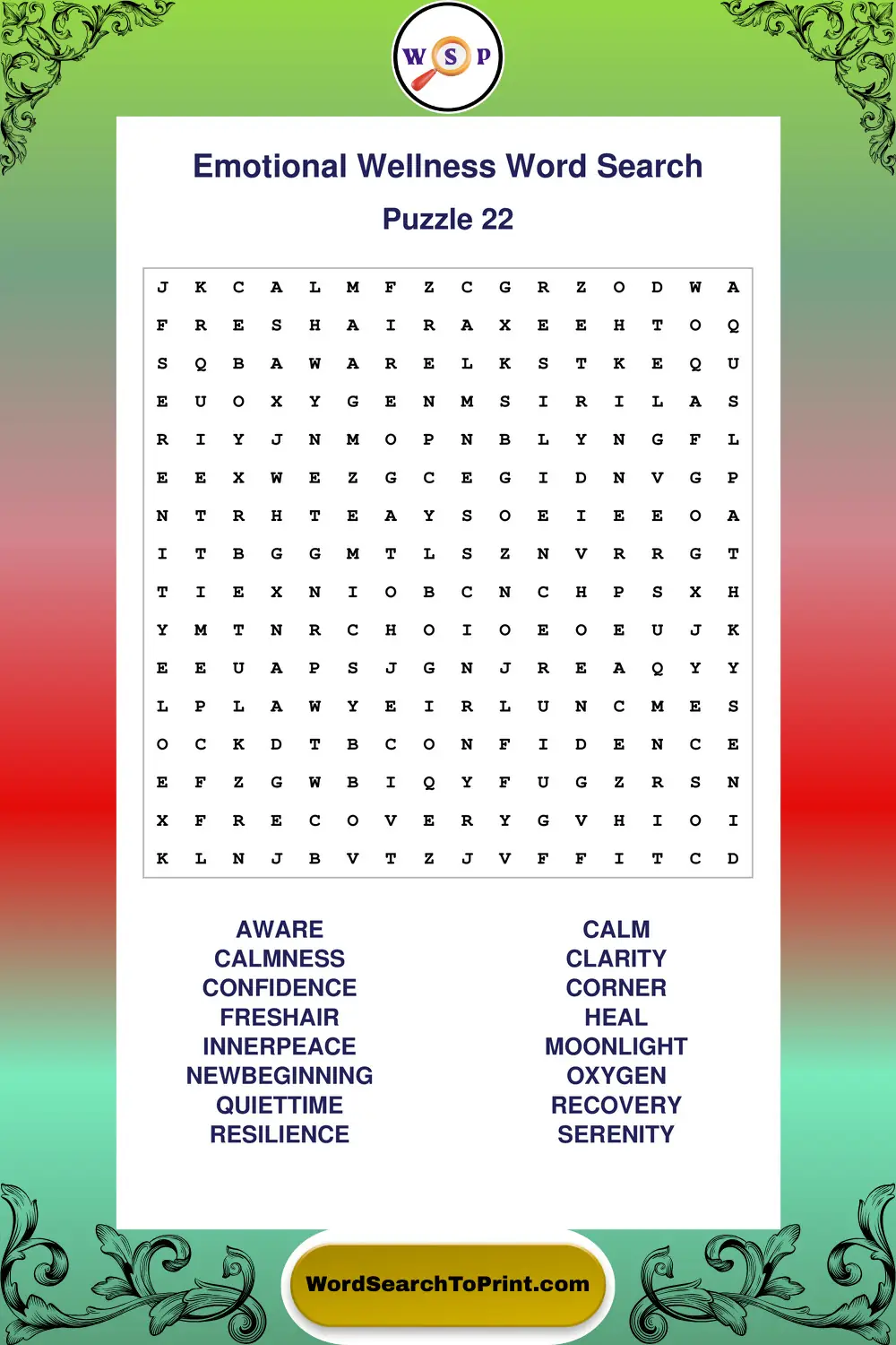 Emotional Wellness Word Search Puzzle 22