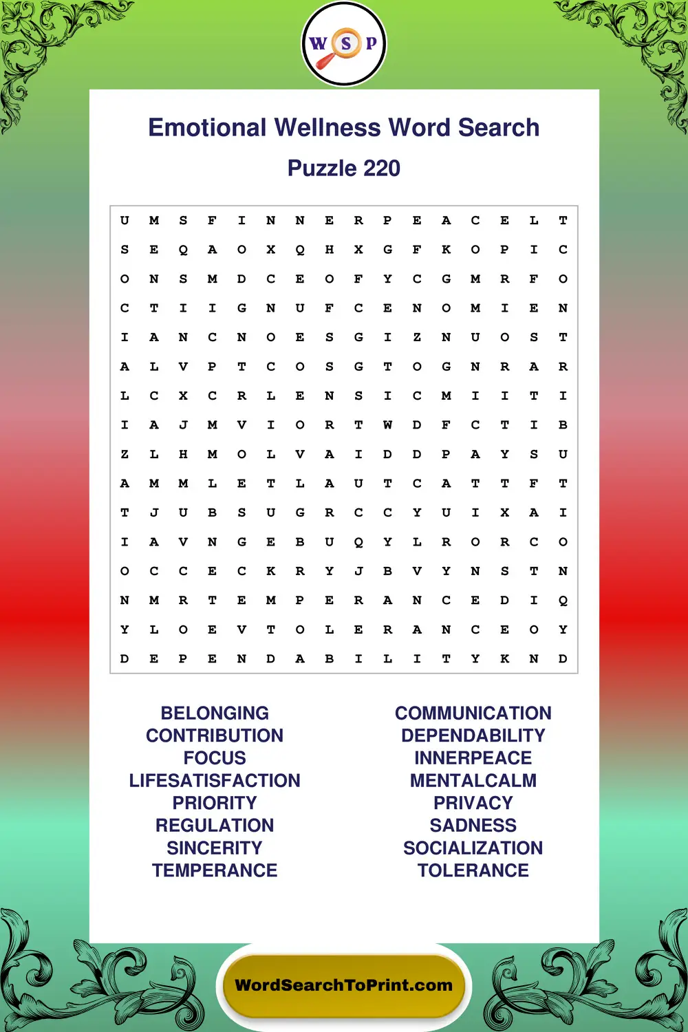 Emotional Wellness Word Search Puzzle 220
