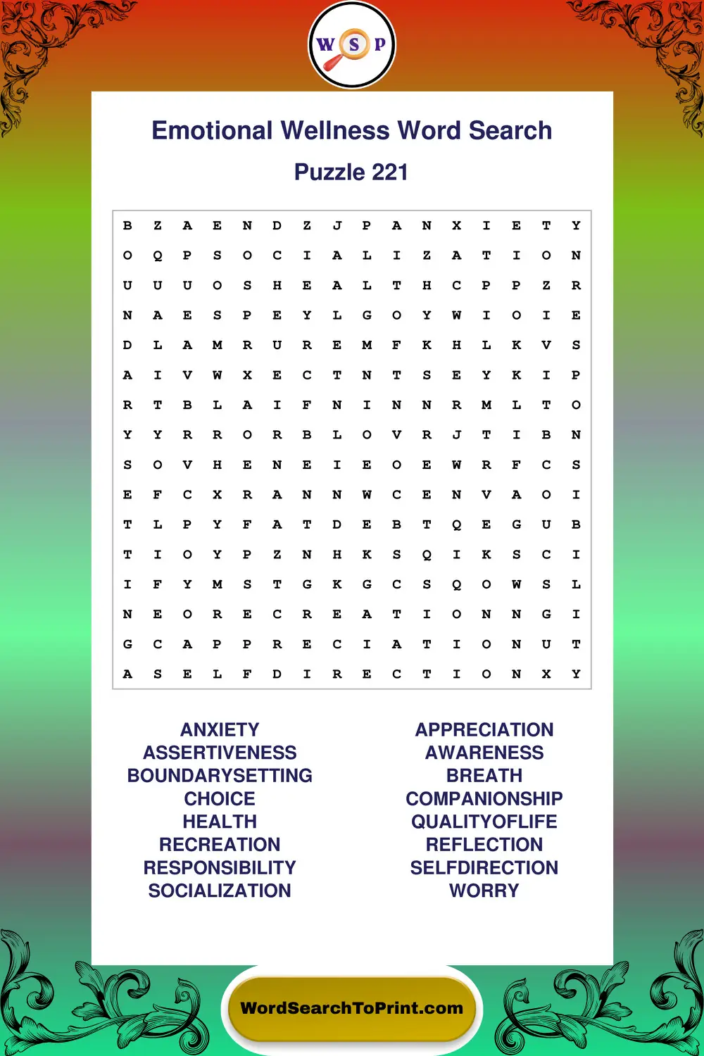Emotional Wellness Word Search Puzzle 221