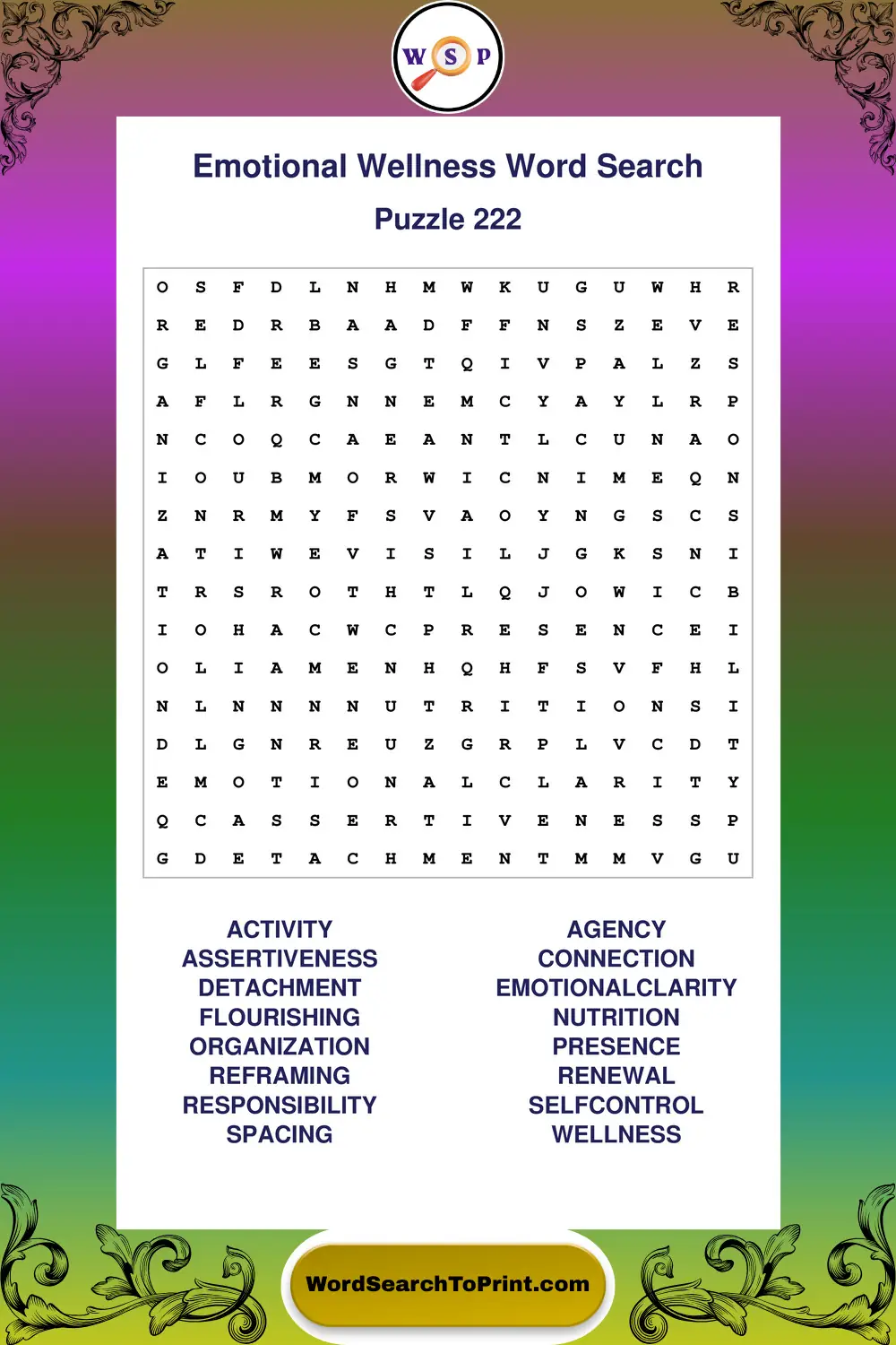 Emotional Wellness Word Search Puzzle 222