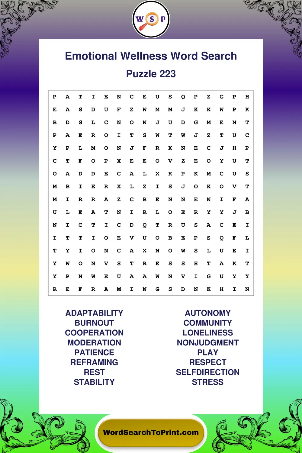 Emotional Wellness Word Search Puzzle 223