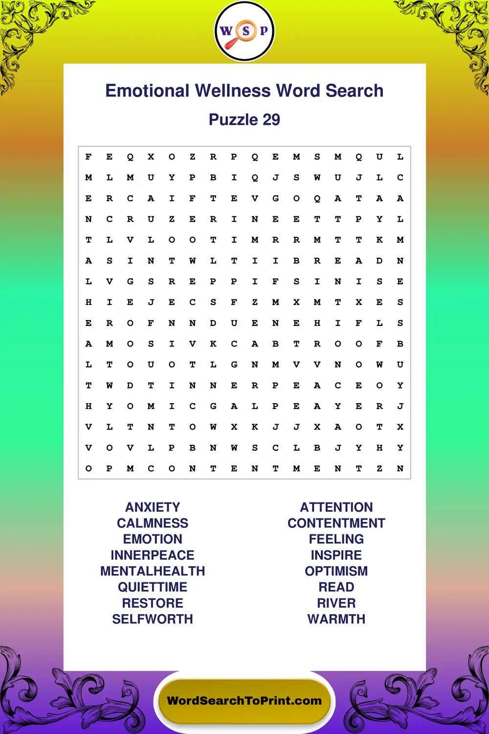 Emotional Wellness Word Search Puzzle 29