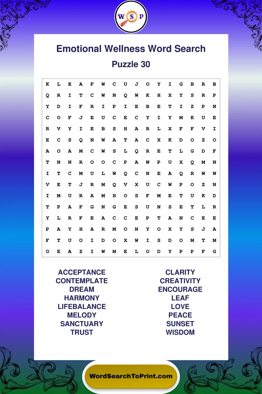 Emotional Wellness Word Search Puzzle 30