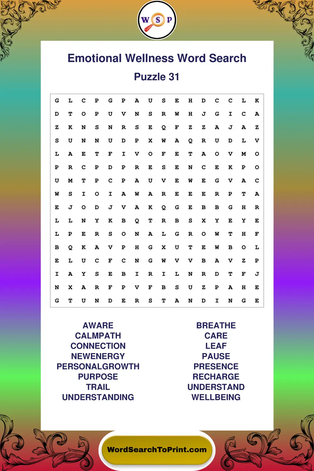 Emotional Wellness Word Search Puzzle 31
