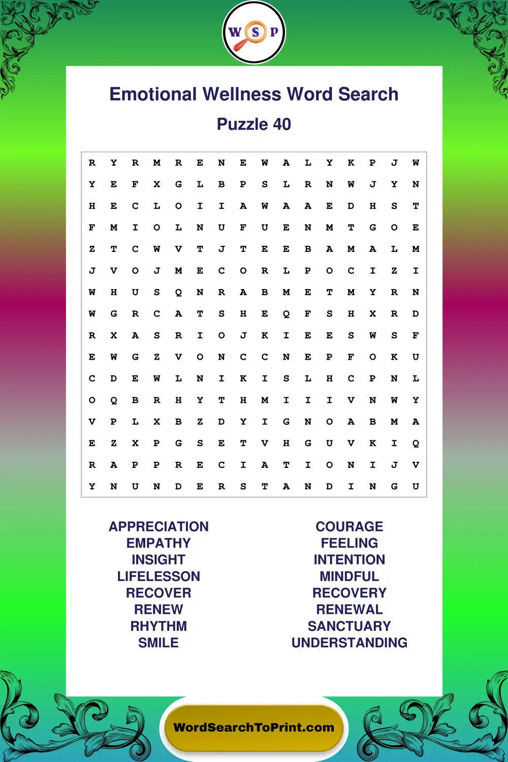 Emotional Wellness Word Search Puzzle 40