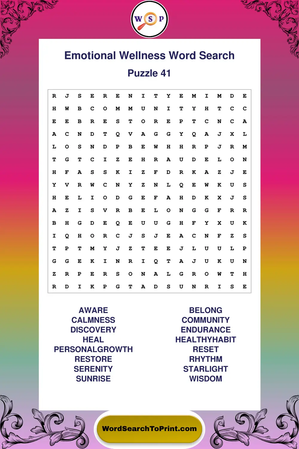 Emotional Wellness Word Search Puzzle 41