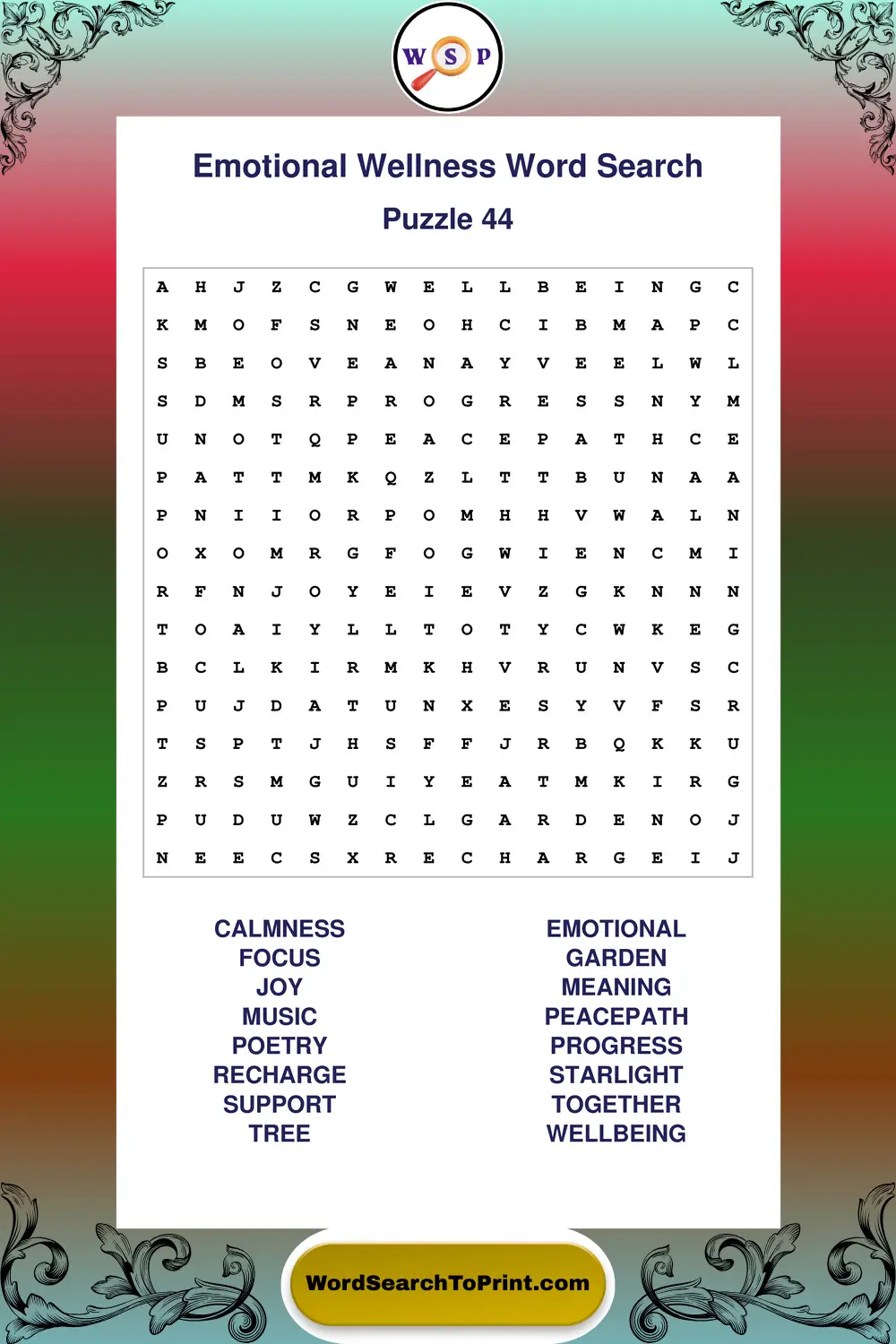 Emotional Wellness Word Search Puzzle 44