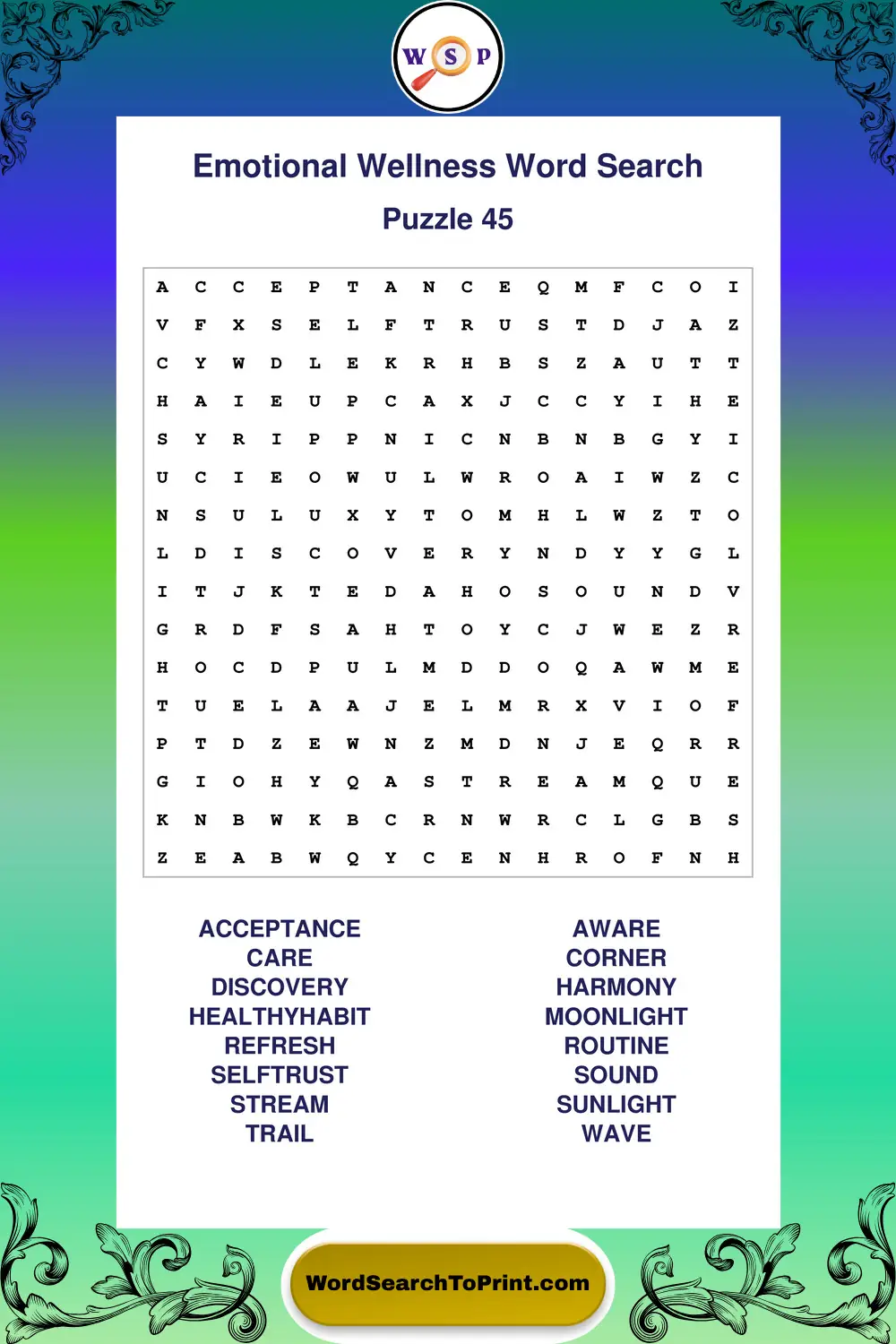 Emotional Wellness Word Search Puzzle 45