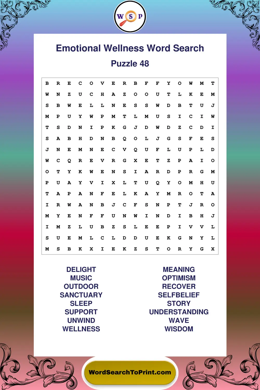 Emotional Wellness Word Search Puzzle 48