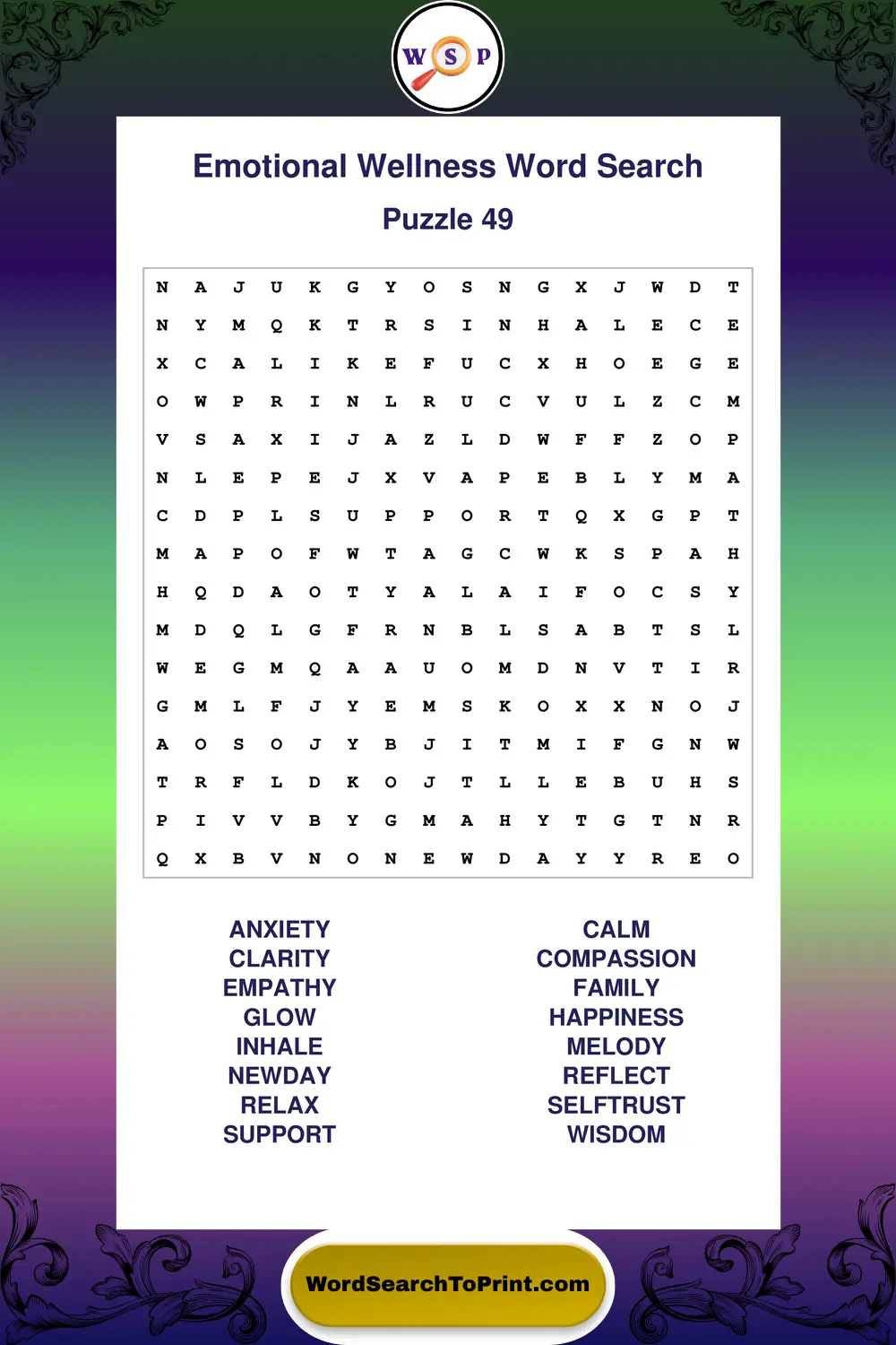 Emotional Wellness Word Search Puzzle 49