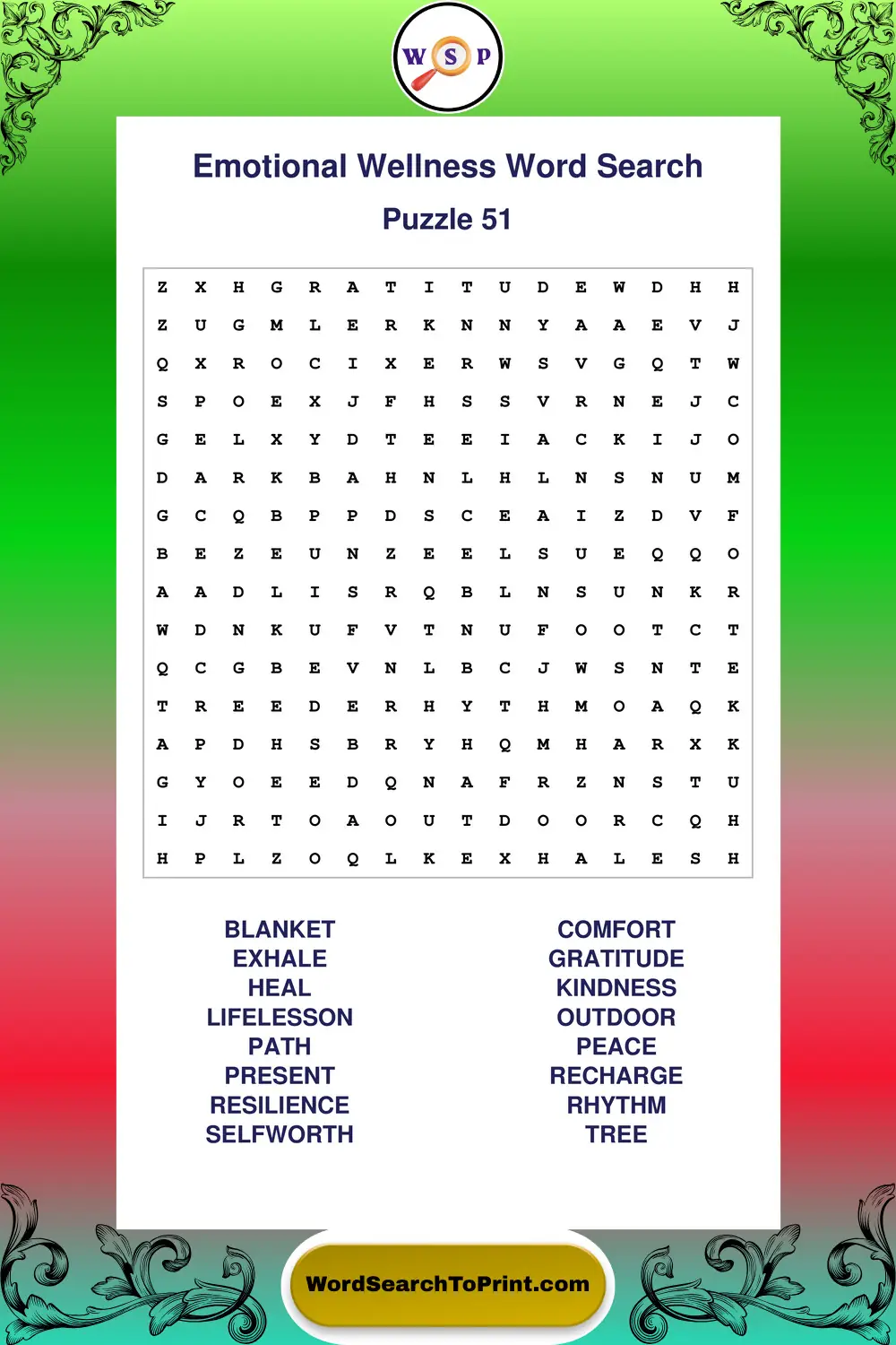 Emotional Wellness Word Search Puzzle 51