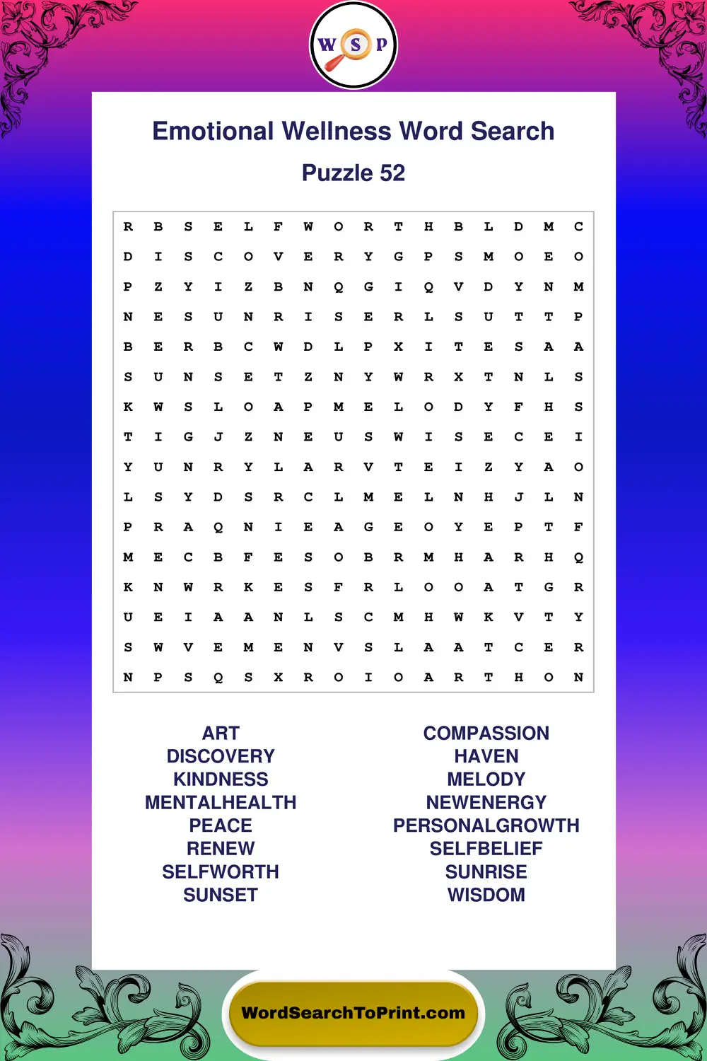 Emotional Wellness Word Search Puzzle 52