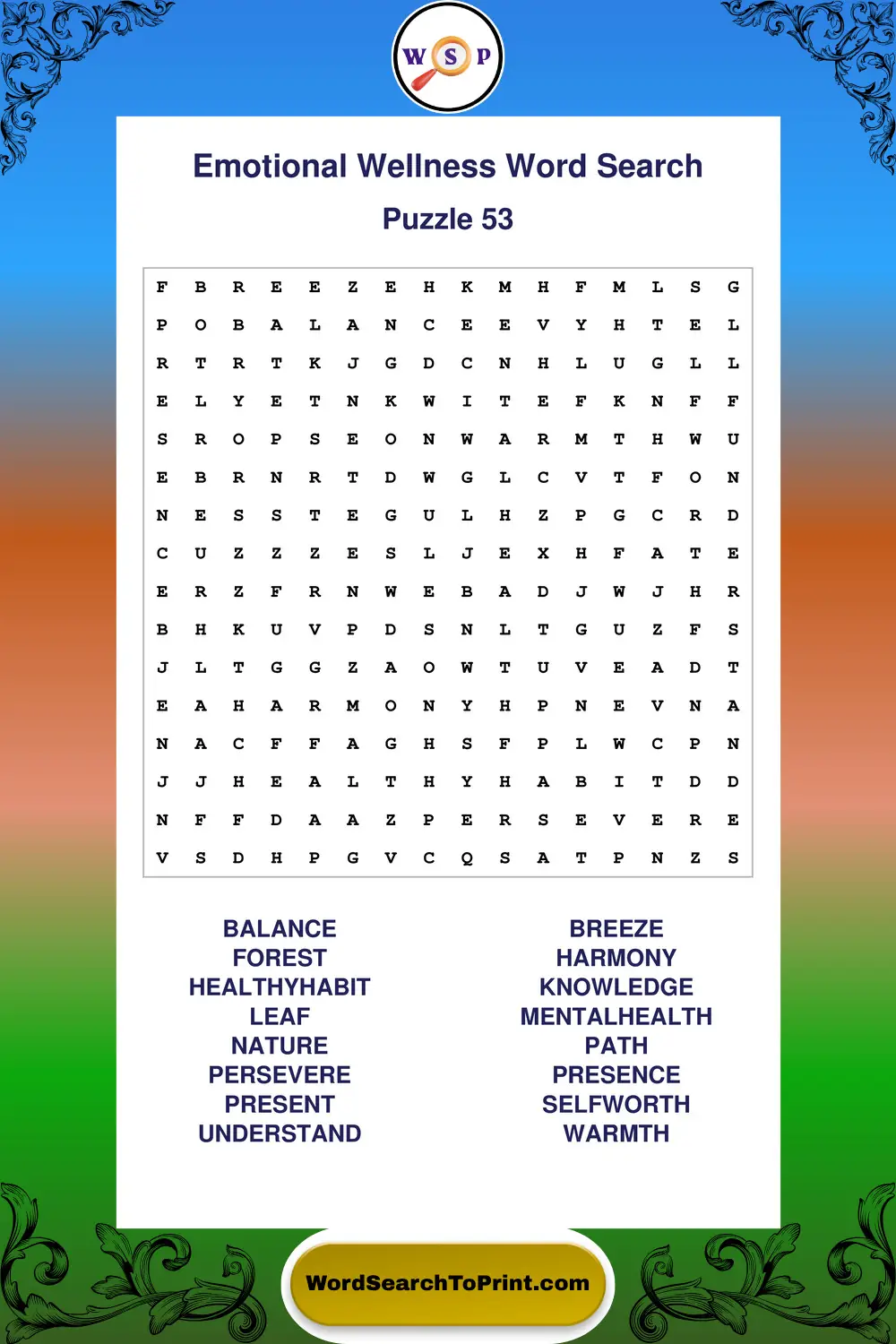 Emotional Wellness Word Search Puzzle 53