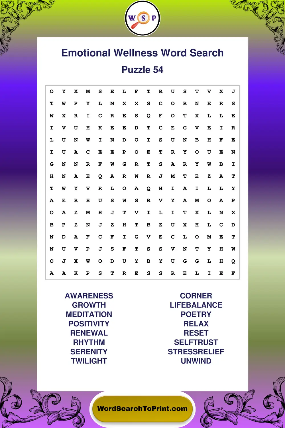 Emotional Wellness Word Search Puzzle 54