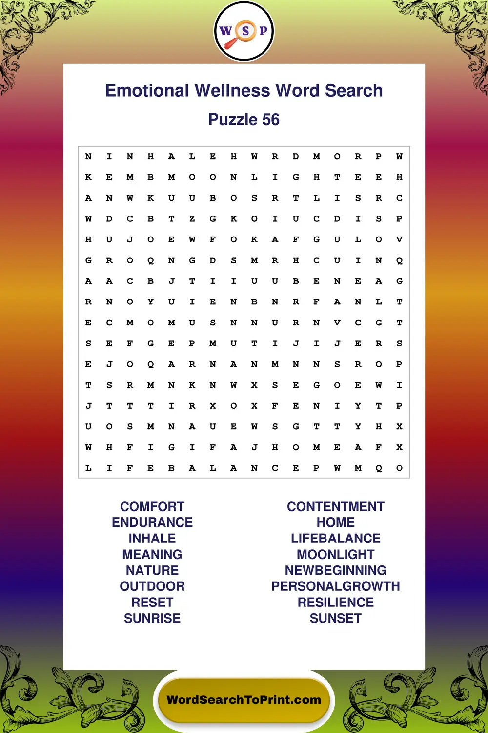 Emotional Wellness Word Search Puzzle 56