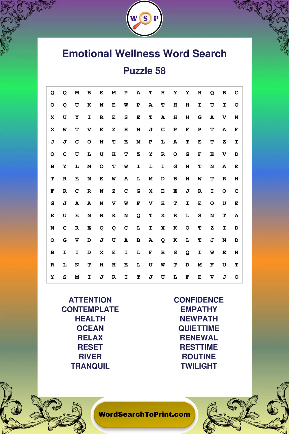 Emotional Wellness Word Search Puzzle 58
