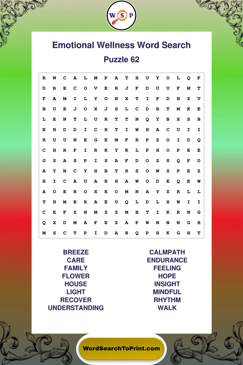 Emotional Wellness Word Search Puzzle 62