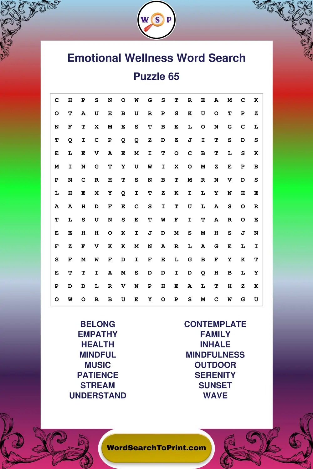 Emotional Wellness Word Search Puzzle 65