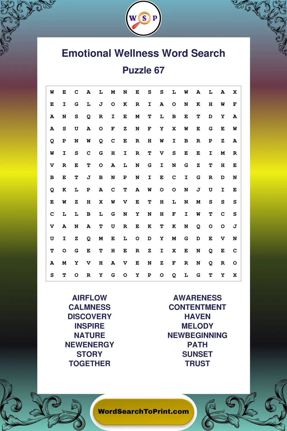 Emotional Wellness Word Search Puzzle 67