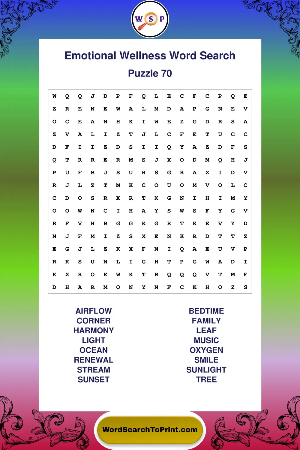 Emotional Wellness Word Search Puzzle 70