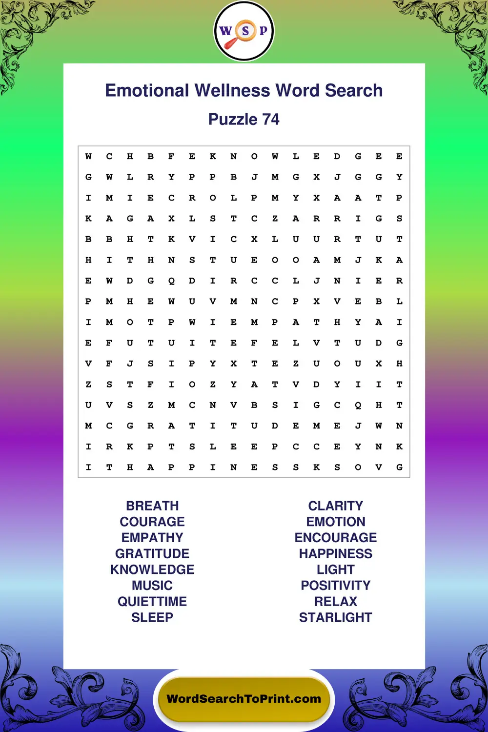 Emotional Wellness Word Search Puzzle 74
