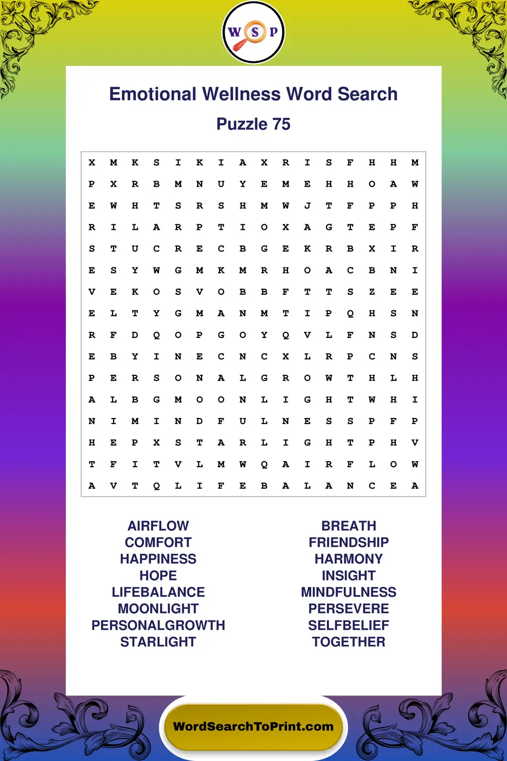Emotional Wellness Word Search Puzzle 75