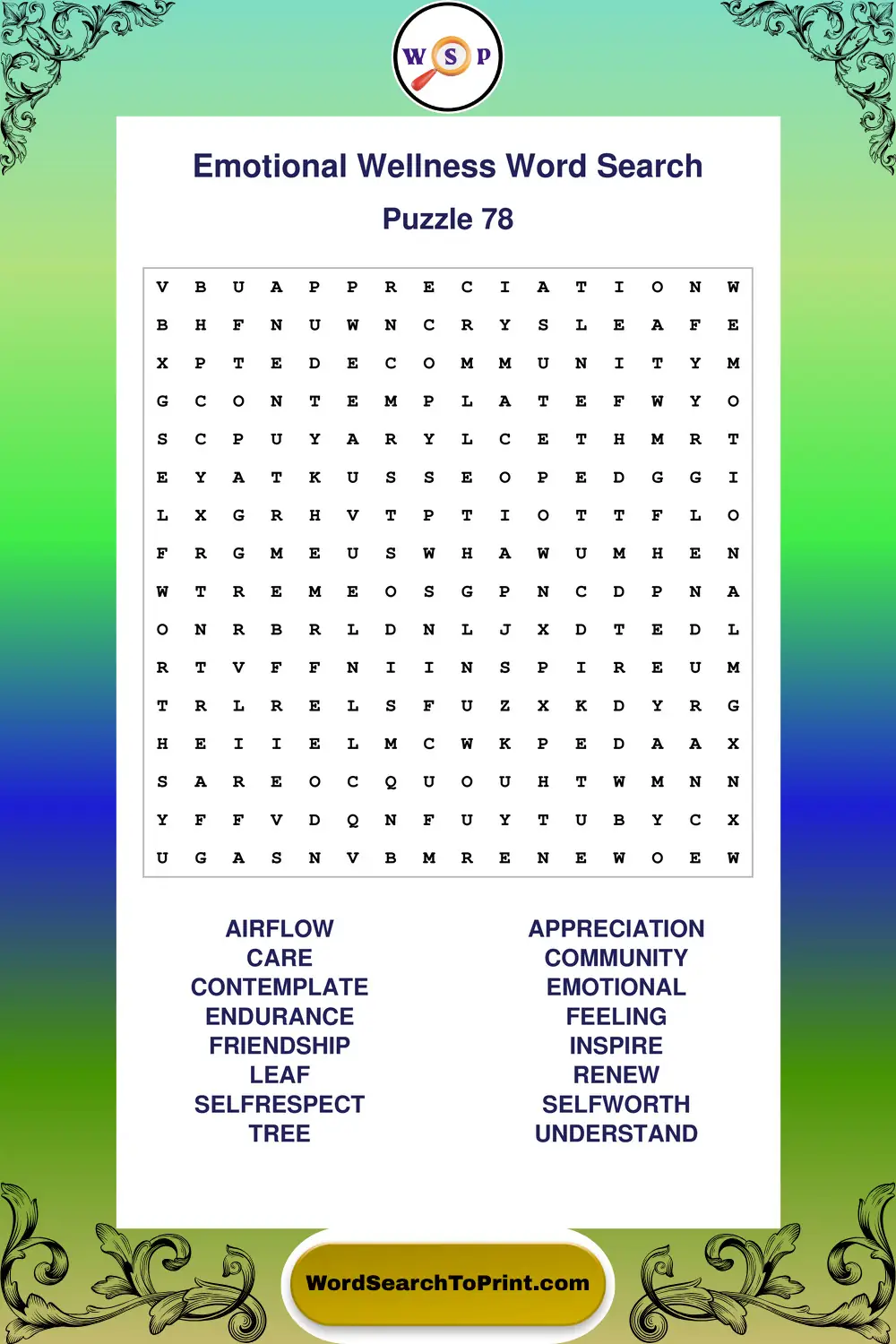 Emotional Wellness Word Search Puzzle 78