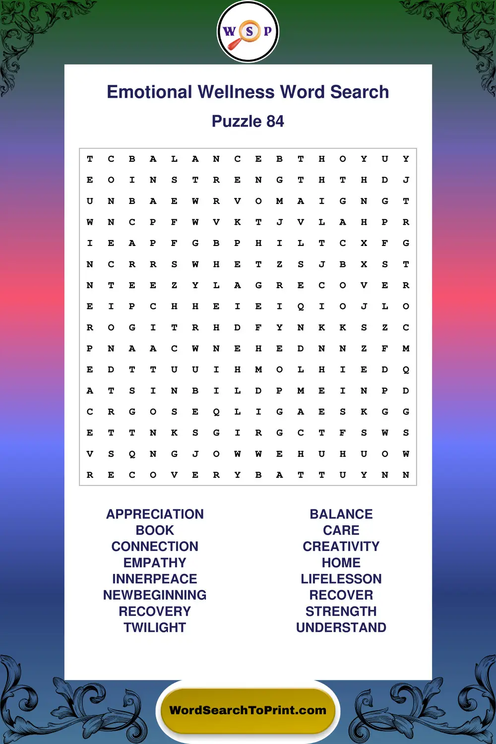 Emotional Wellness Word Search Puzzle 84