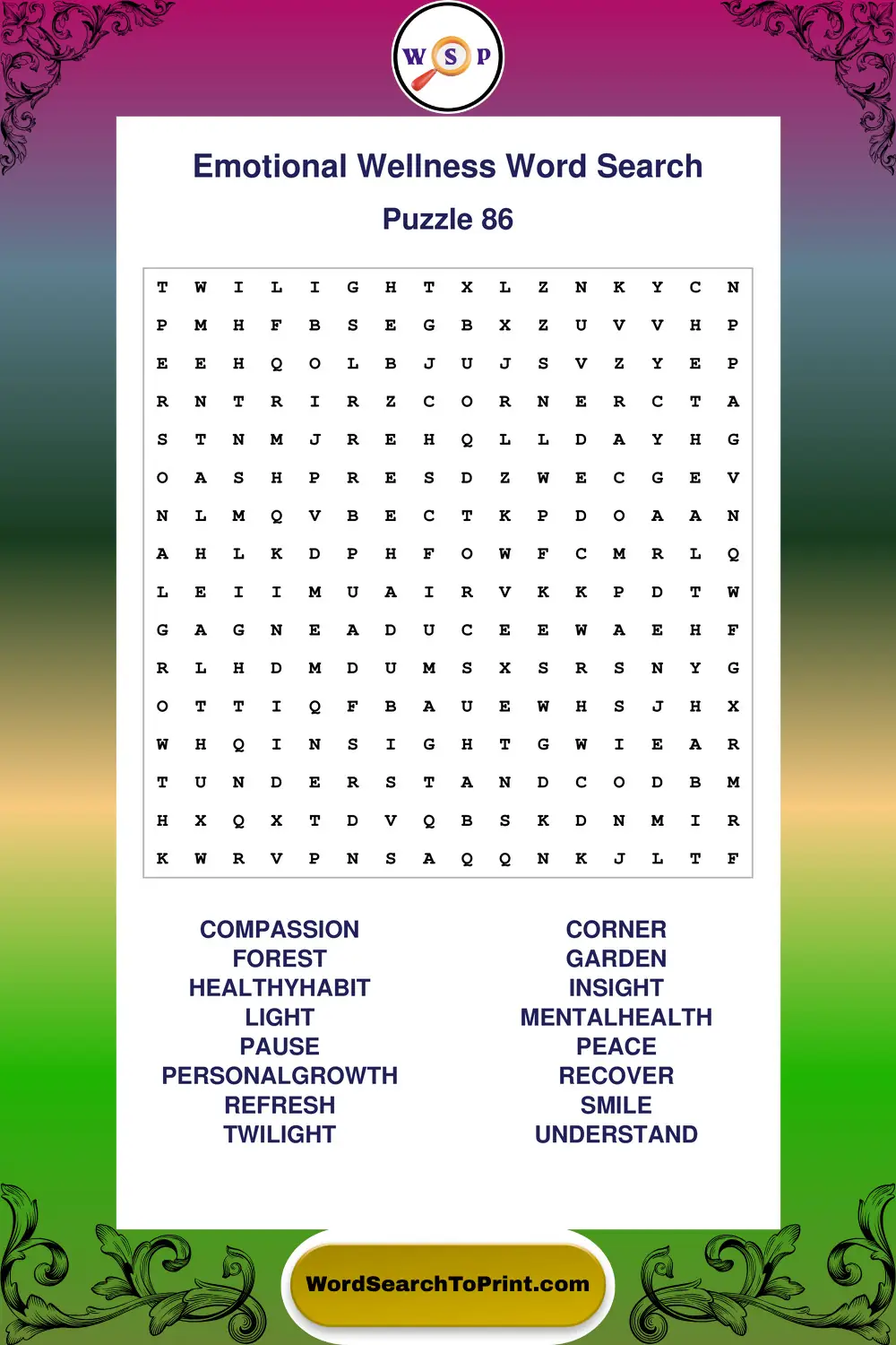 Emotional Wellness Word Search Puzzle 86
