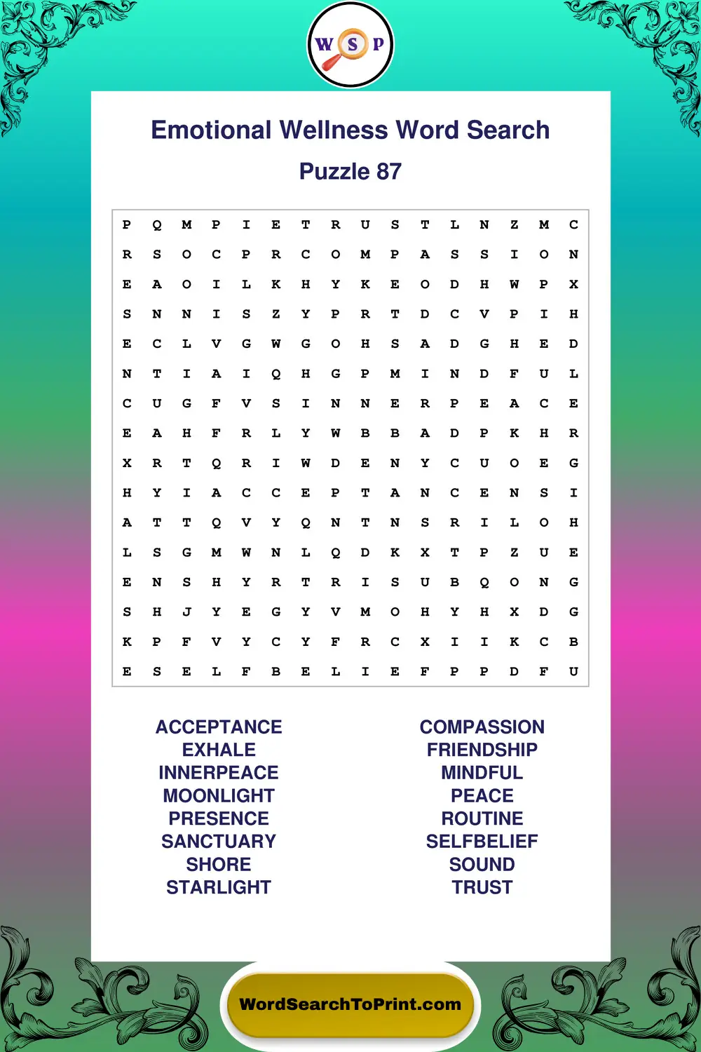 Emotional Wellness Word Search Puzzle 87