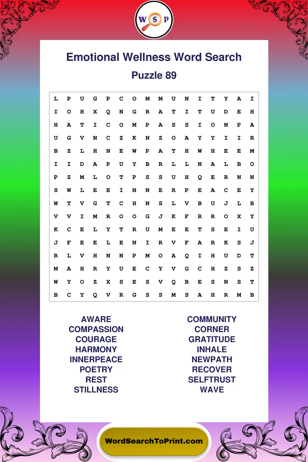 Emotional Wellness Word Search Puzzle 89
