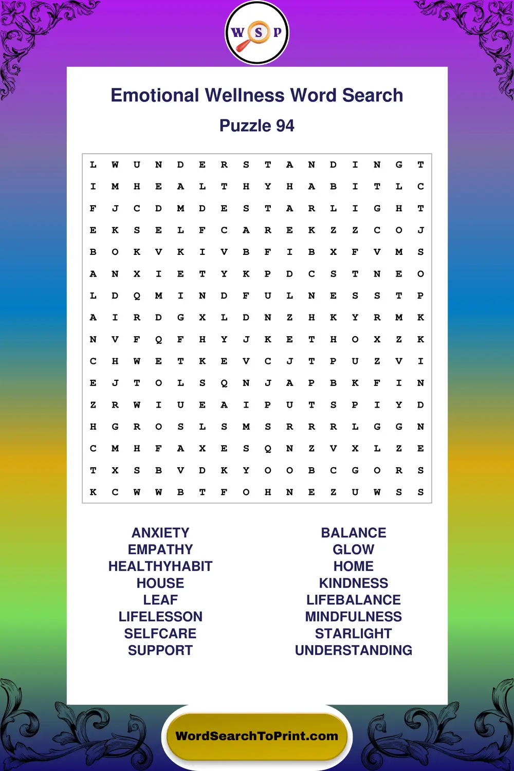 Emotional Wellness Word Search Puzzle 94
