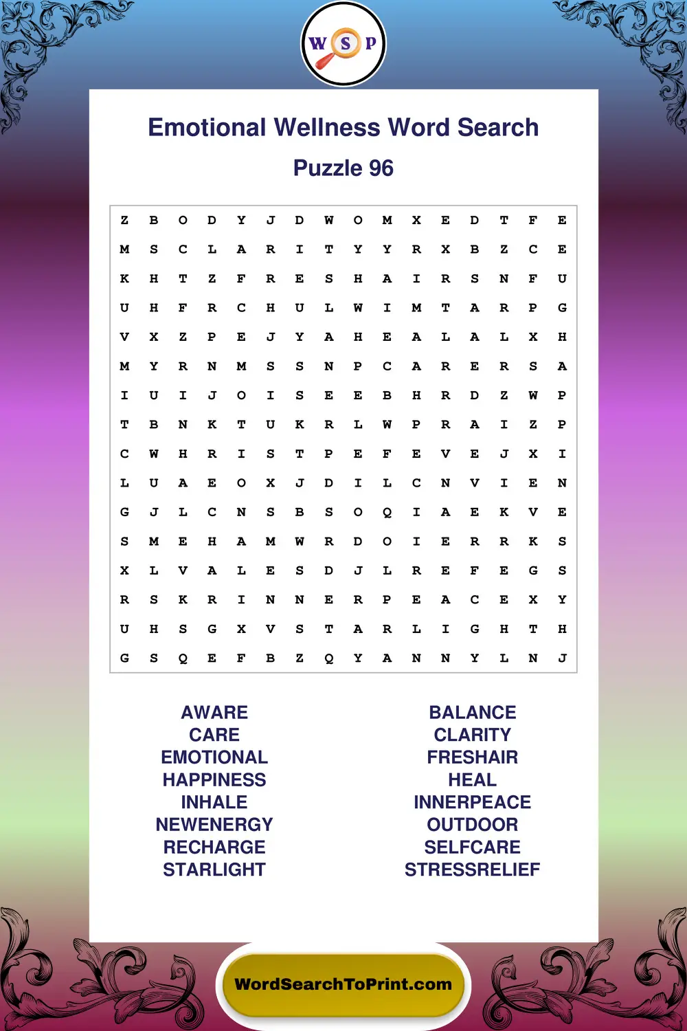 Emotional Wellness Word Search Puzzle 96
