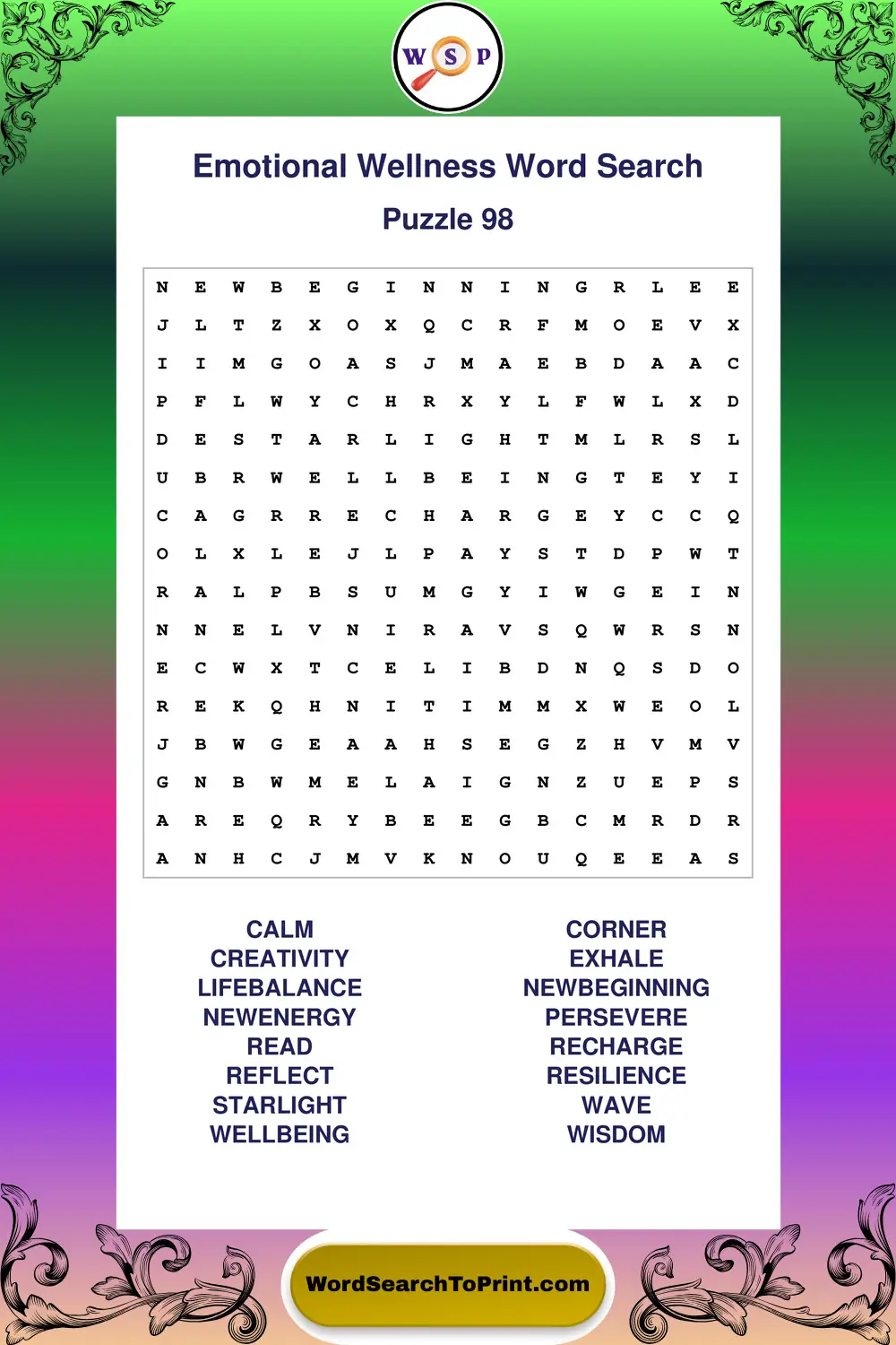 Emotional Wellness Word Search Puzzle 98