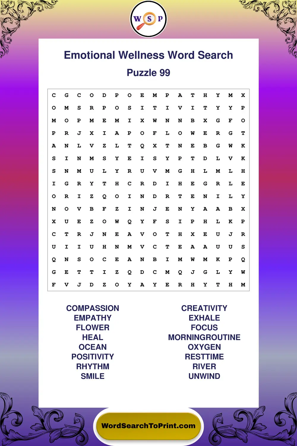 Emotional Wellness Word Search Puzzle 99
