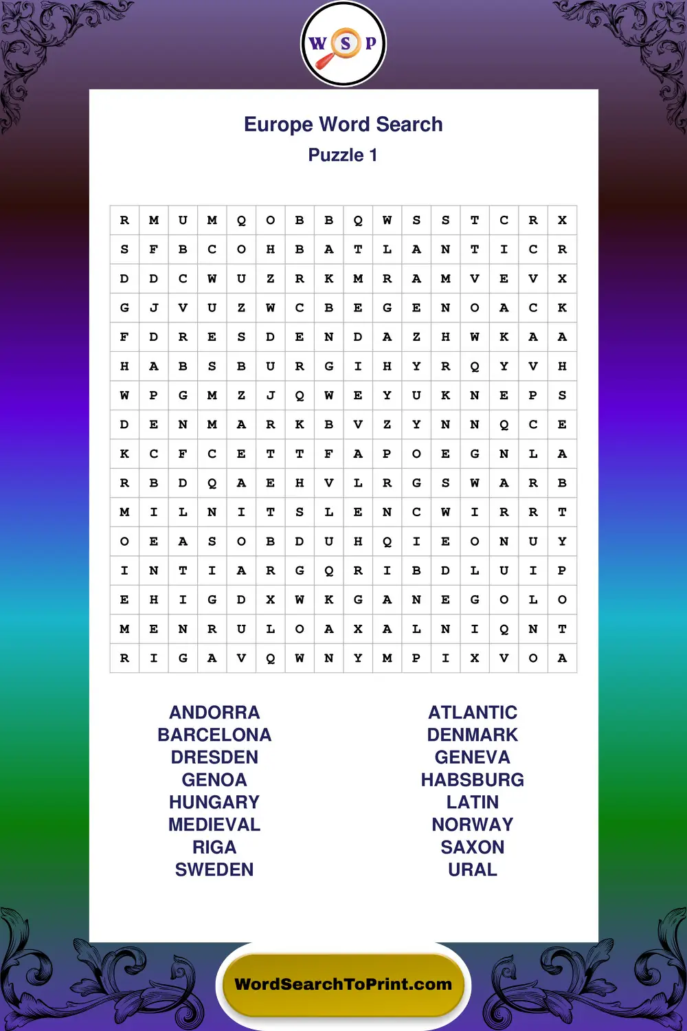 Europe Word Search Puzzle 1