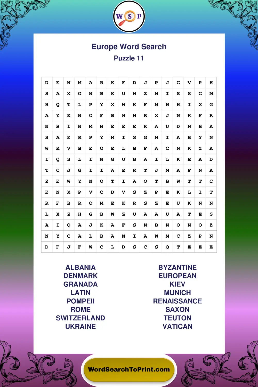 Europe Word Search Puzzle 11