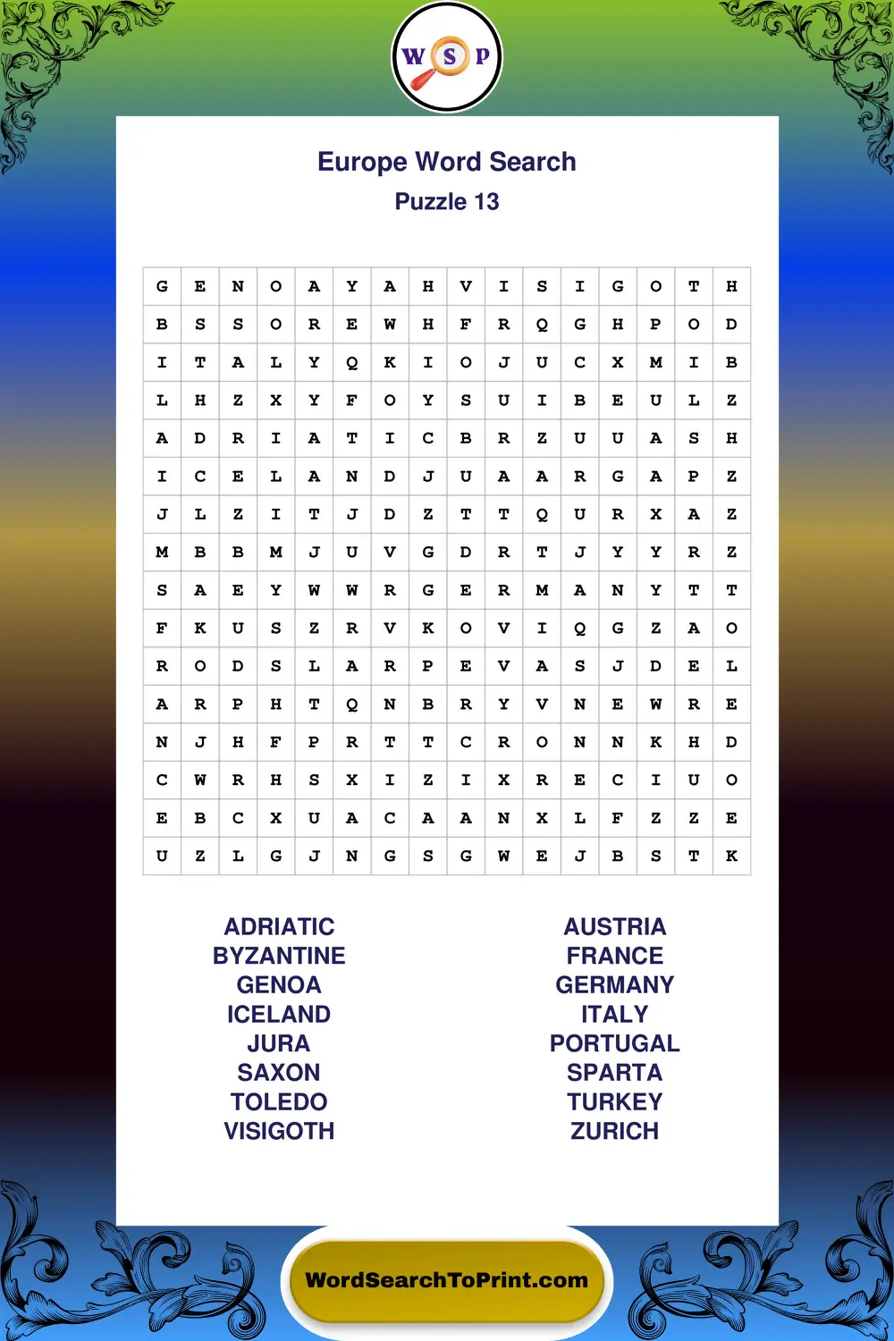 Europe Word Search Puzzle 13