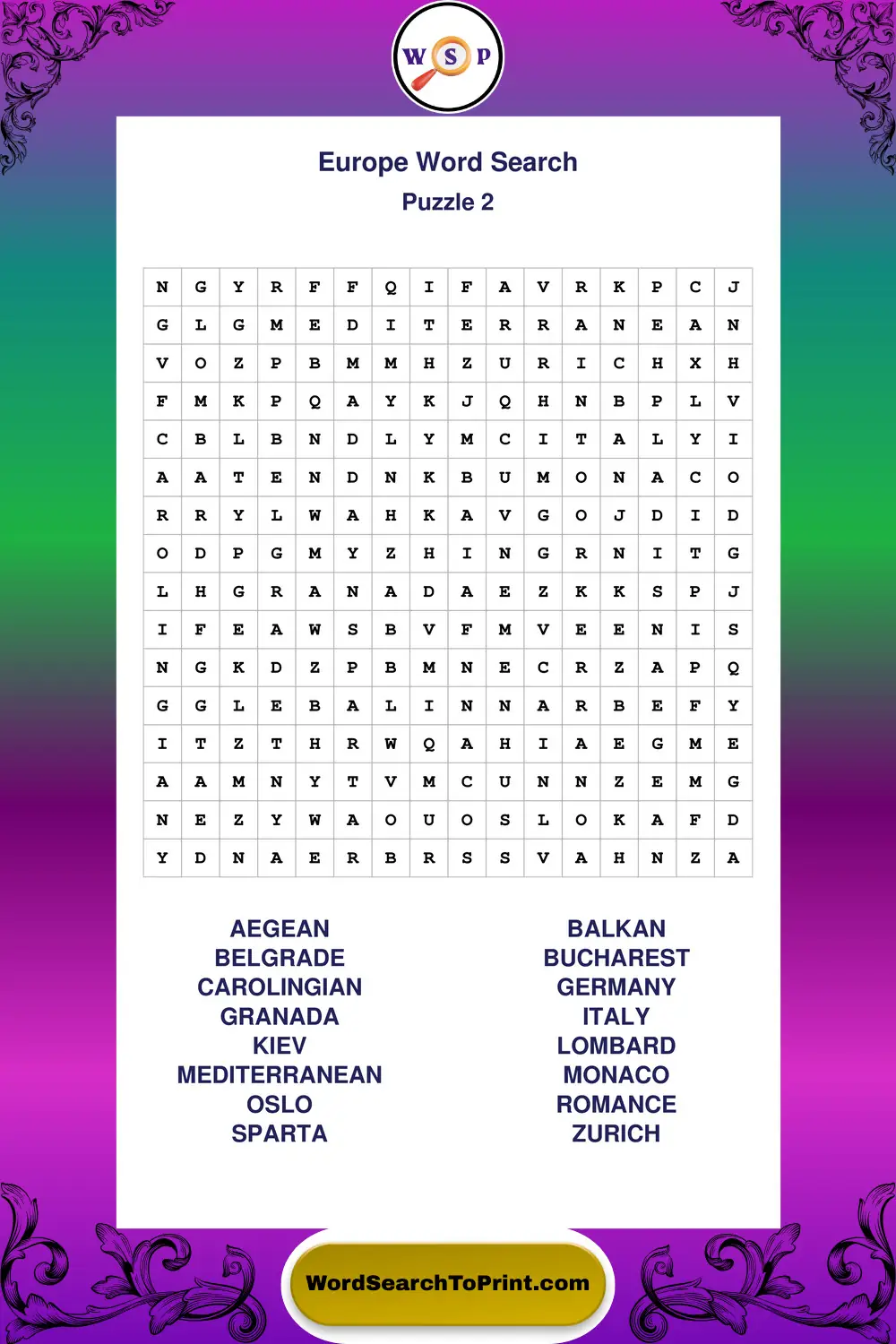 Europe Word Search Puzzle 2