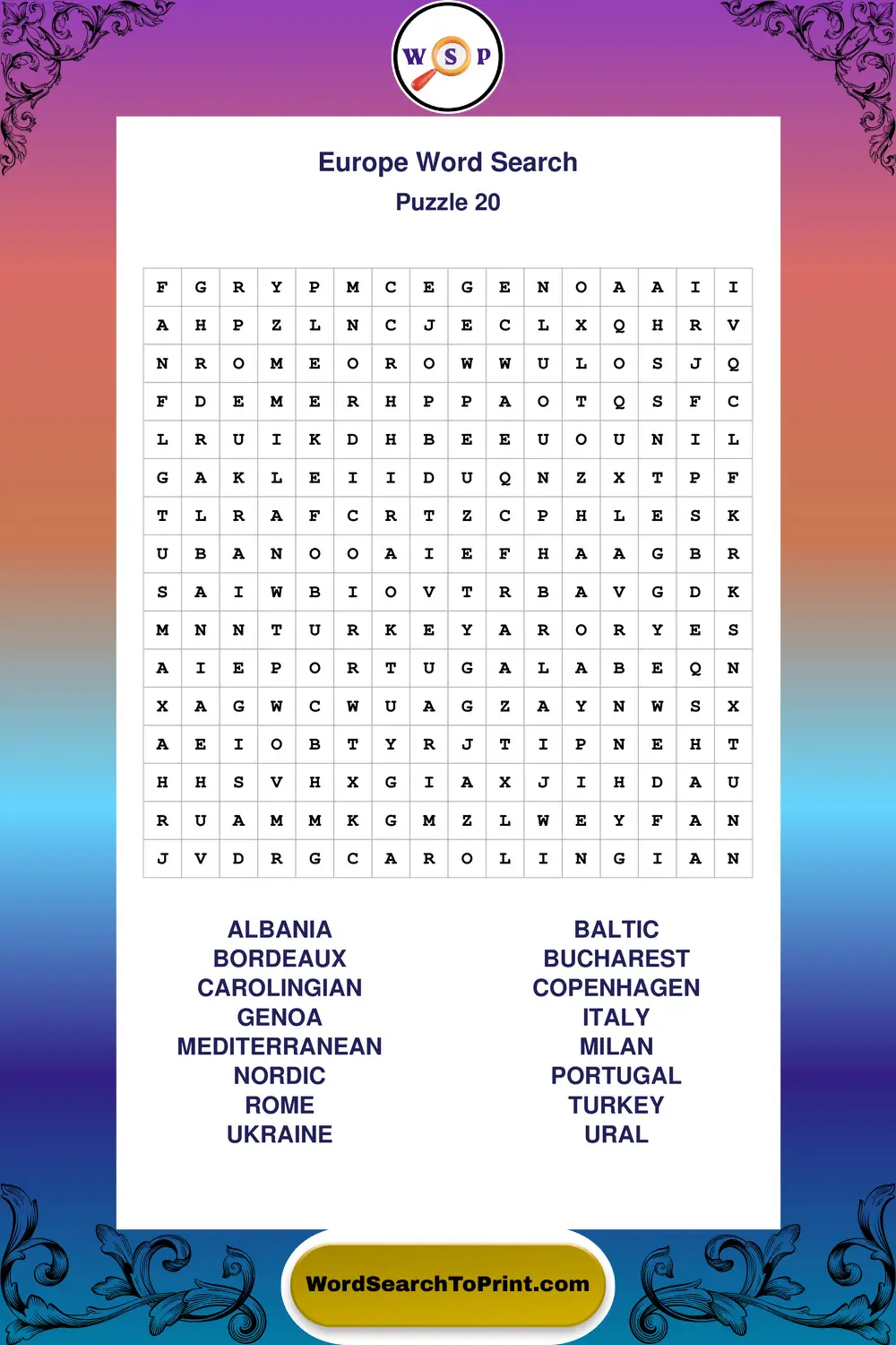 Europe Word Search Puzzle 20