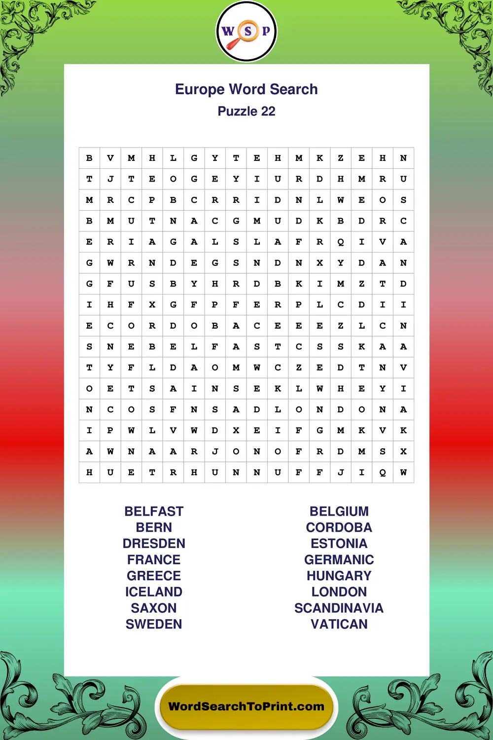 Europe Word Search Puzzle 22