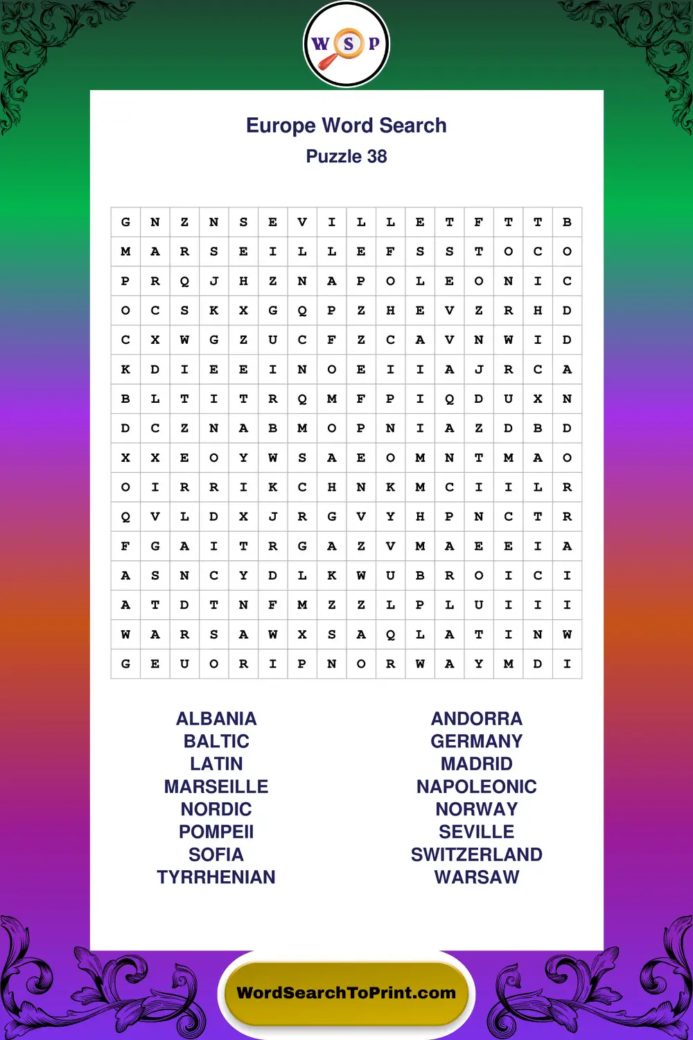 Europe Word Search Puzzle 38