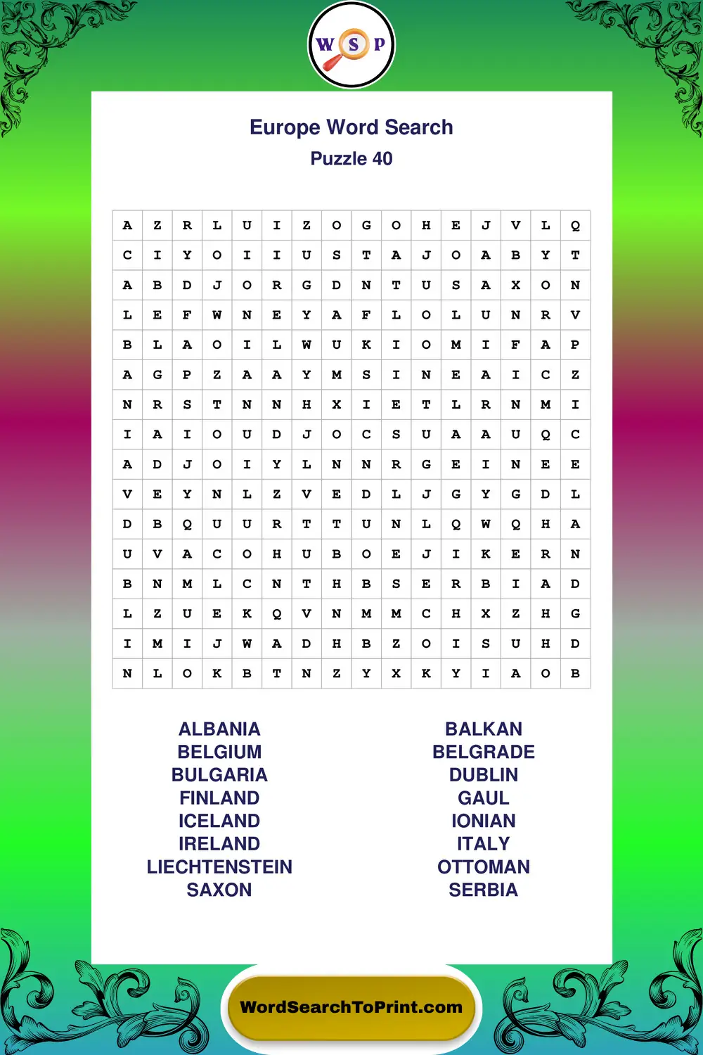 Europe Word Search Puzzle 40