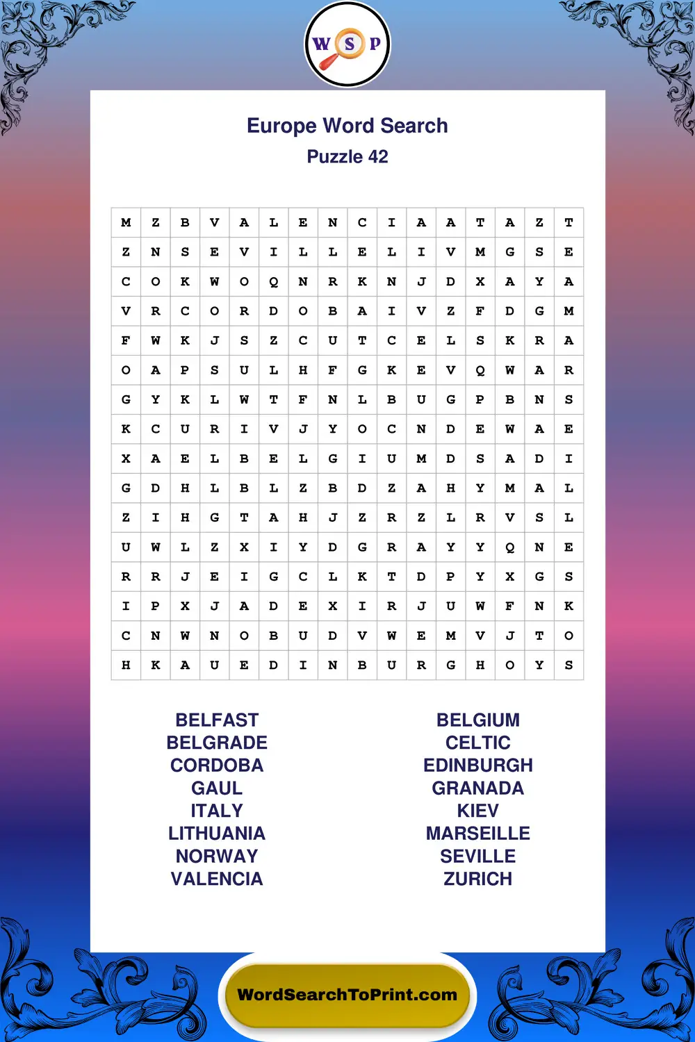 Europe Word Search Puzzle 42