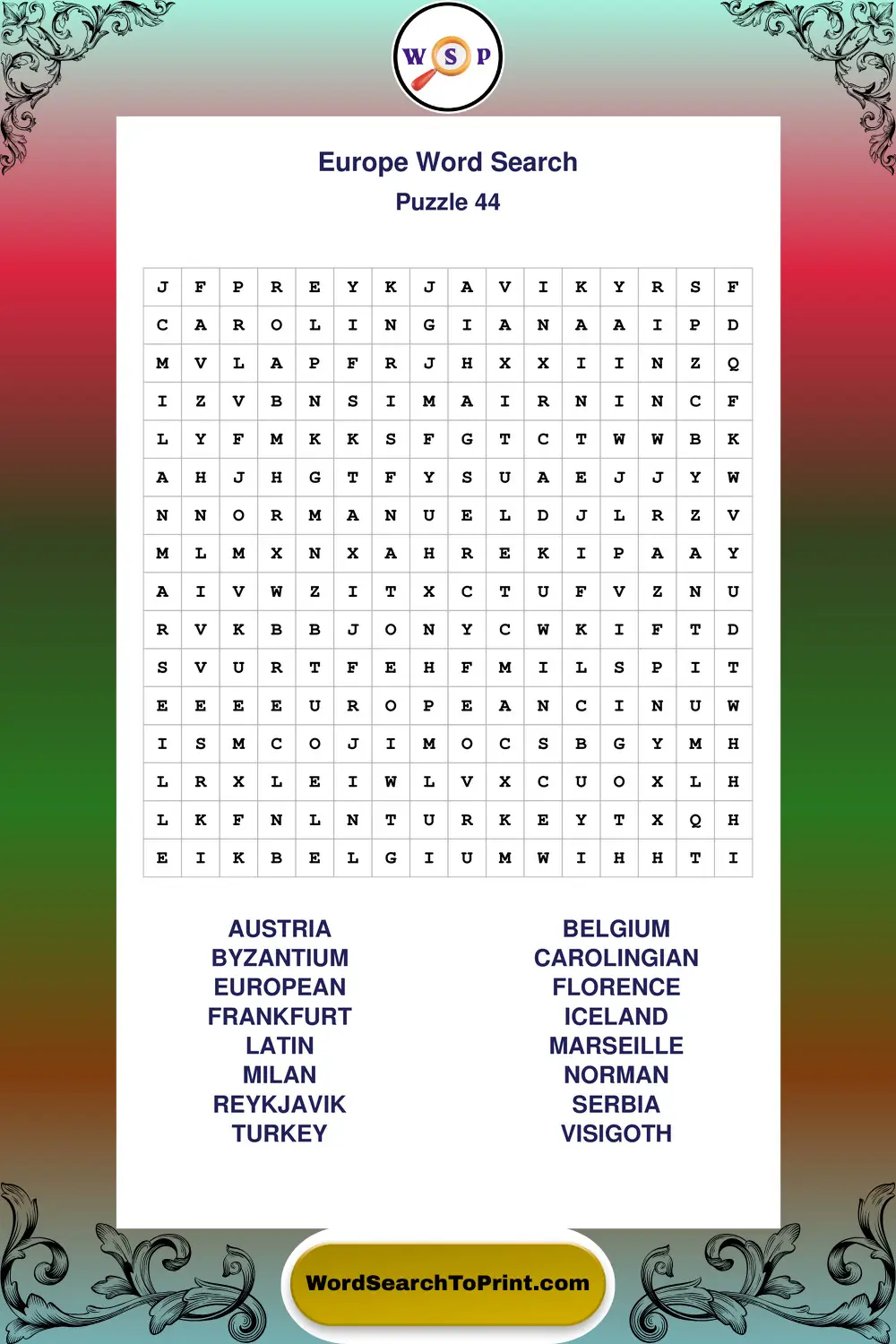 Europe Word Search Puzzle 44
