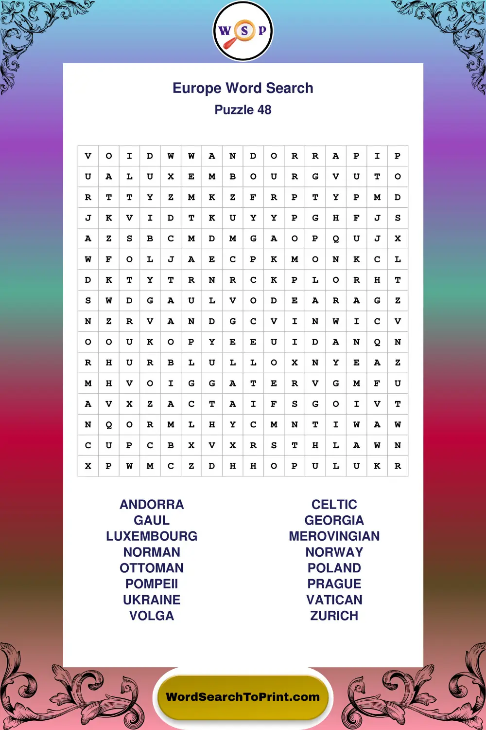 Europe Word Search Puzzle 48