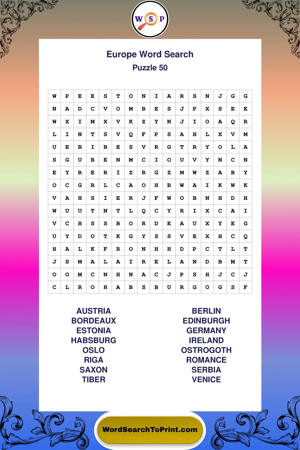 Europe Word Search Puzzle 50